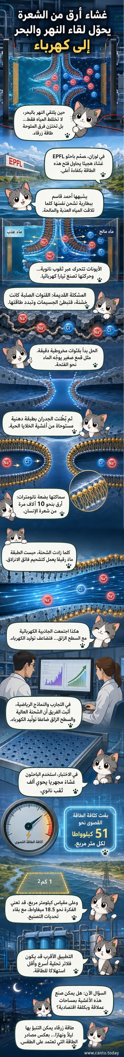 رسم توضيحي لغشاء نانوي رقيق يفصل بين ماء النهر والبحر، مع حركة أيونات الملح عبر قنوات مخروطية مبطنة بطبقة دهنية زلقة، تُظهر كيف تولد الحركة تيارًا كهربائيًا.