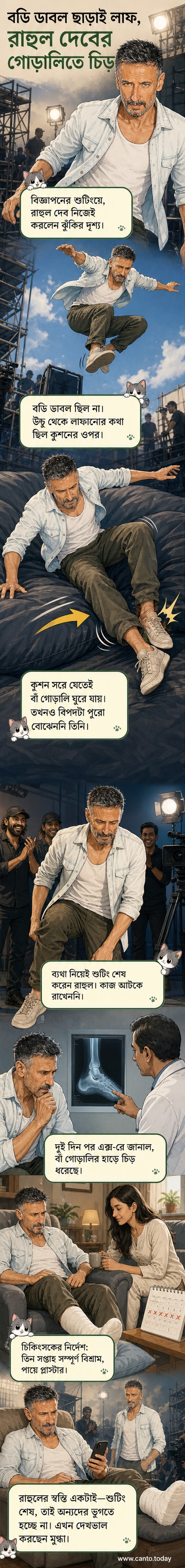 আহত অভিনেতা রাহুল দেবের পা প্লাস্টার করা অবস্থায় হাসপাতালে শুয়ে থাকার কল্পিত চিত্র, পেছনে চিকিৎসক এবং মুগ্ধা গডসেক দাঁড়িয়ে।