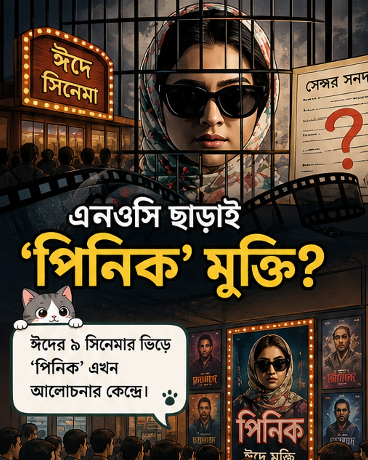 বুবলী অভিনীত সিনেমা ‘পিনিক’-এর পোস্টারের পাশে এনওসি ছাড়া মুক্তি ও বকেয়া পারিশ্রমিক নিয়ে বিতর্কের ইঙ্গিত।