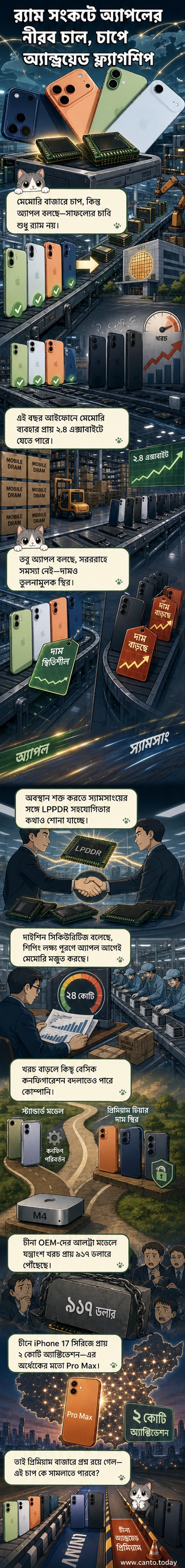 অ্যাপল লোগো এবং আইফোন পাশাপাশি অ্যান্ড্রয়েড ফোনের ছবি, পেছনে মেমোরি চিপের সারি।