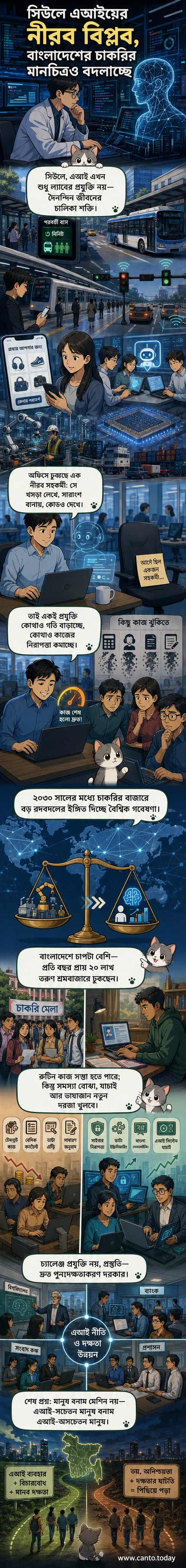 একটি ডিজিটাল মানচিত্রে এআইয়ের প্রভাব দেখানো হচ্ছে, যেখানে মানুষ ও রোবট একসঙ্গে কাজ করছে।
