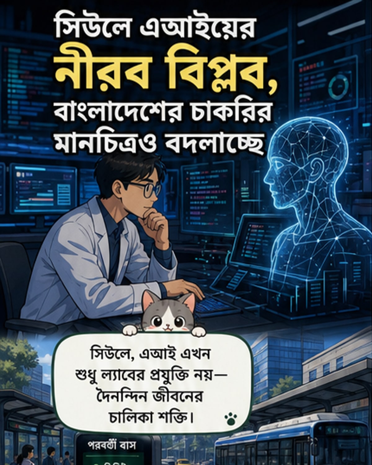 একটি ডিজিটাল মানচিত্রে এআইয়ের প্রভাব দেখানো হচ্ছে, যেখানে মানুষ ও রোবট একসঙ্গে কাজ করছে।