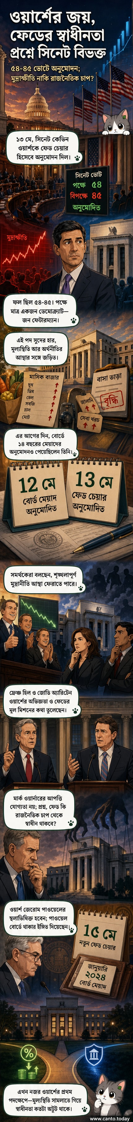 কেভিন ওয়ার্শ ফেডারেল রিজার্ভের নতুন চেয়ারম্যান হিসেবে অনুমোদনের পর সিনেটে ভোটের ফলাফল ঘোষণা করা হচ্ছে, পটভূমিতে দলীয় বিভাজনের ইঙ্গিত।