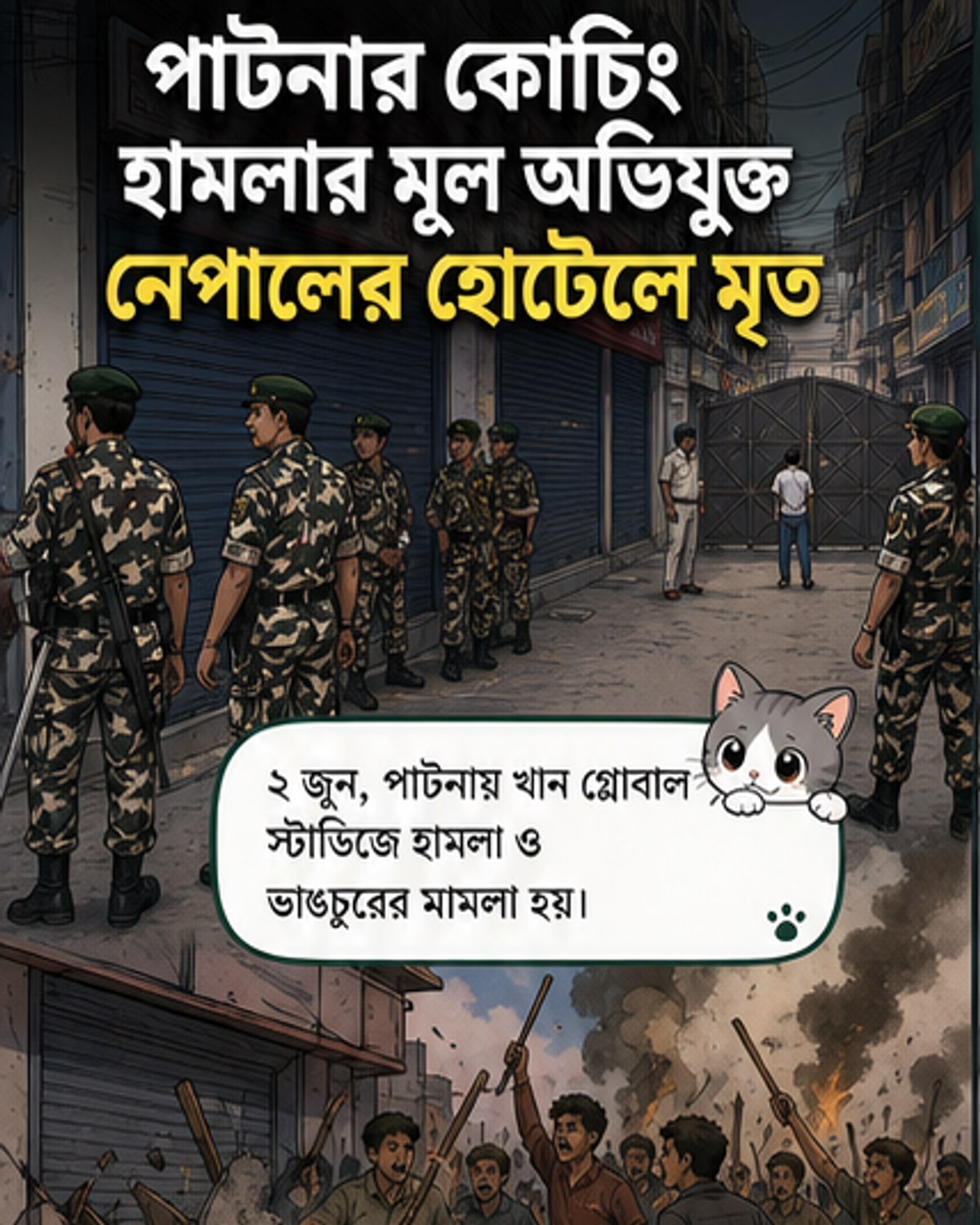 পাটনার খান গ্লোবাল স্টাডিজ কোচিং সেন্টারের সামনে পুলিশি নিরাপত্তা মোতায়েন, পটভূমিতে ভাঙা জানালা ও বিক্ষোভের চিহ্ন।