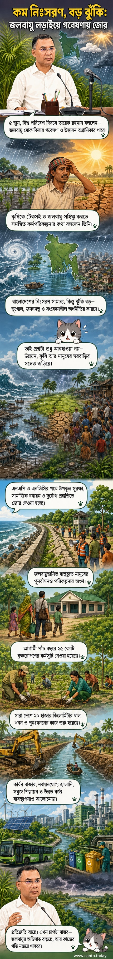 প্রধানমন্ত্রী তারেক রহমান জলবায়ু পরিবর্তন মোকাবিলার জন্য গবেষণা ও উদ্ভাবনের উপর জোর দেওয়ার কথা বলছেন, পেছনে সবুজ পরিবেশ ও গাছের ছবি।