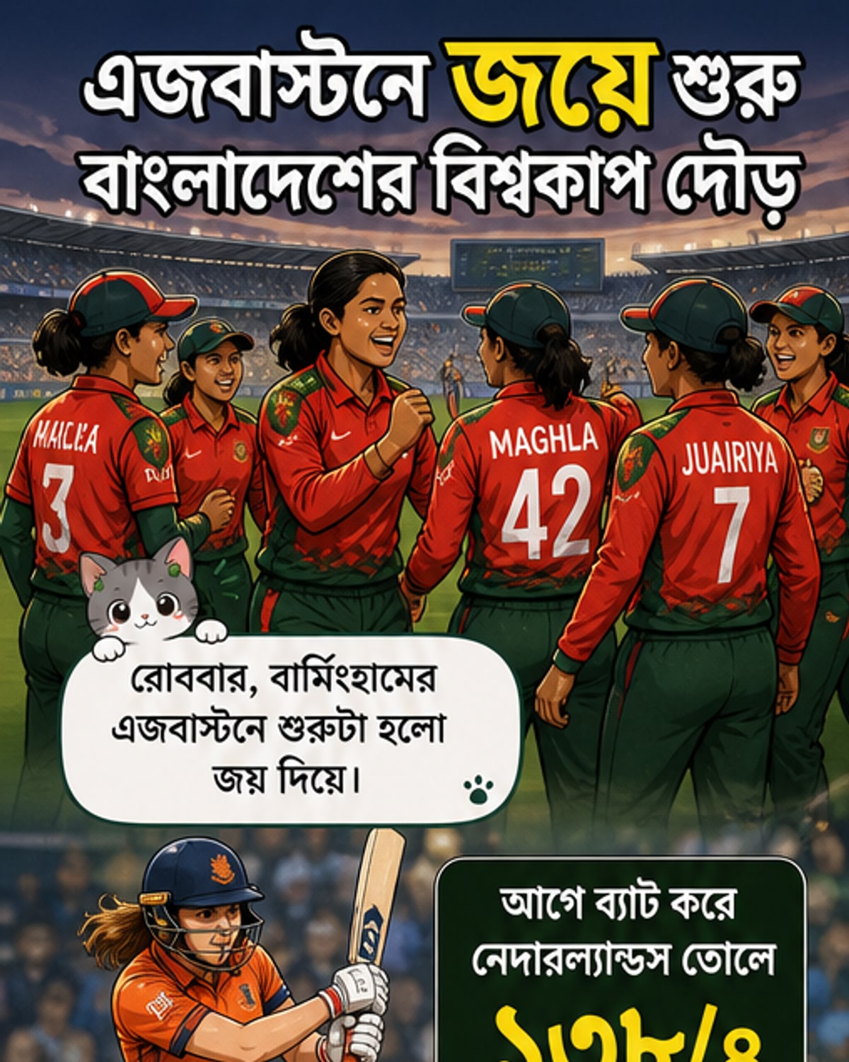 বাংলাদেশ নারী ক্রিকেট দল নেদারল্যান্ডসের বিপক্ষে বিশ্বকাপ ম্যাচে জয়ের পর উদযাপন করছে।