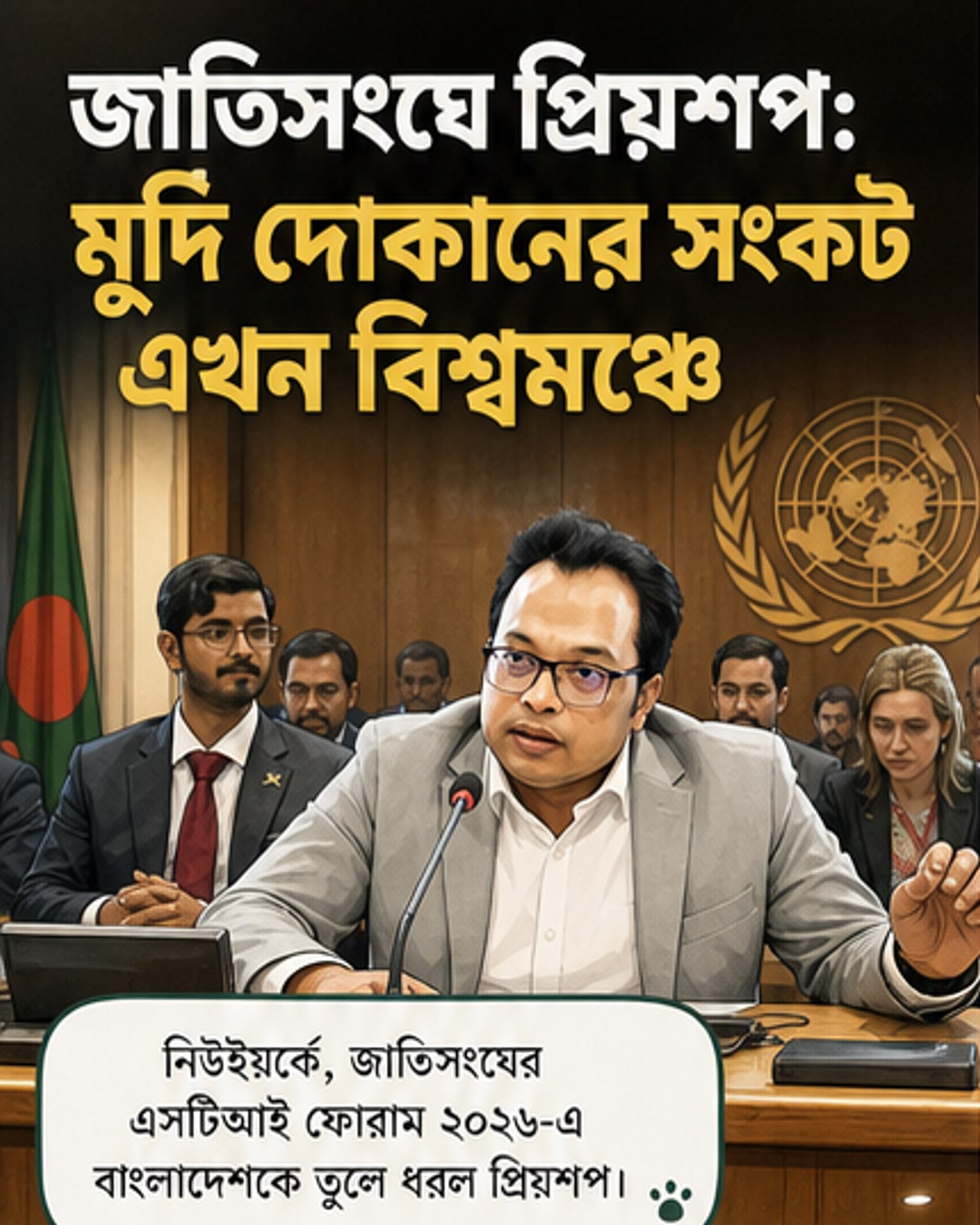 নিউইয়র্কে জাতিসংঘের সদর দপ্তরে প্রিয়শপের প্রতিষ্ঠাতা আশিকুল আলম খান বাংলাদেশের প্রযুক্তি উদ্যোগ নিয়ে বক্তৃতা করছেন।