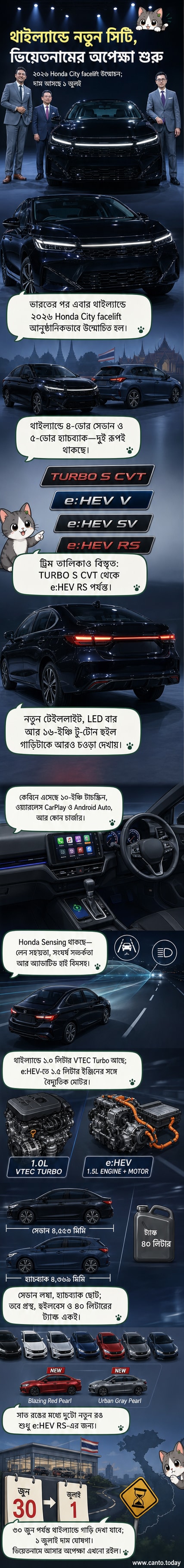 ২০২৬ হোন্ডা সিটি ফেসলিফ্ট সেডান, সামনের দিক থেকে দেখা, নতুন গ্রিল ও হেডলাইট সহ, থাইল্যান্ডে উন্মোচন করা হয়েছে।