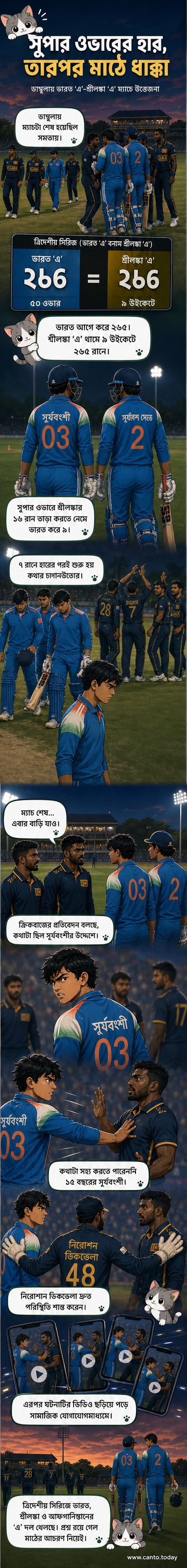 ভারত 'এ' দলের যুব ক্রিকেটার সূর্যবংশী মাঠে শ্রীলঙ্কার খেলোয়াড় বিশেন হালাম্বাগেকে ধাক্কা দিচ্ছেন, পেছনে অন্য খেলোয়াড়রা দাঁড়িয়ে।