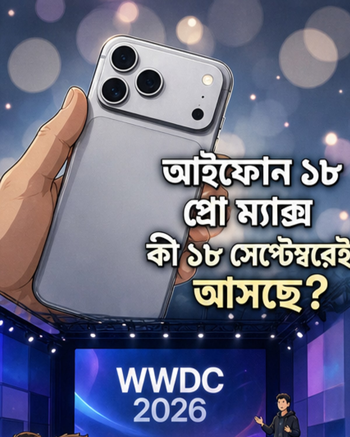 আইফোন ১৮ প্রো ম্যাক্স এবং ফোল্ডিং আইফোন আল্ট্রার কল্পিত ছবি, সেপ্টেম্বর ২০২৬-এর লঞ্চ তারিখ নির্দেশক ক্যালেন্ডারের পাশে।