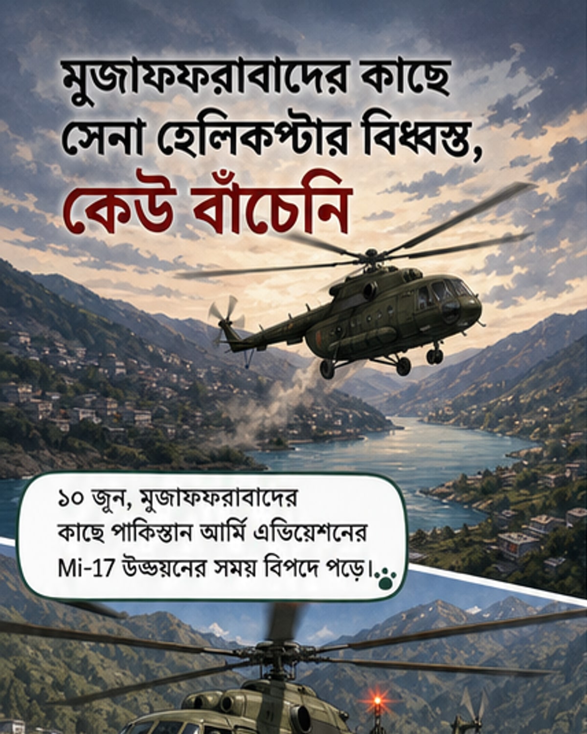 মুজাফফরাবাদের কাছে পাকিস্তান সেনাবাহিনীর একটি ভেঙে পড়া এমআই-১৭ হেলিকপ্টারের ধ্বংসাবশেষ, উদ্ধারকারী দল ঘটনাস্থলে কাজ করছে।