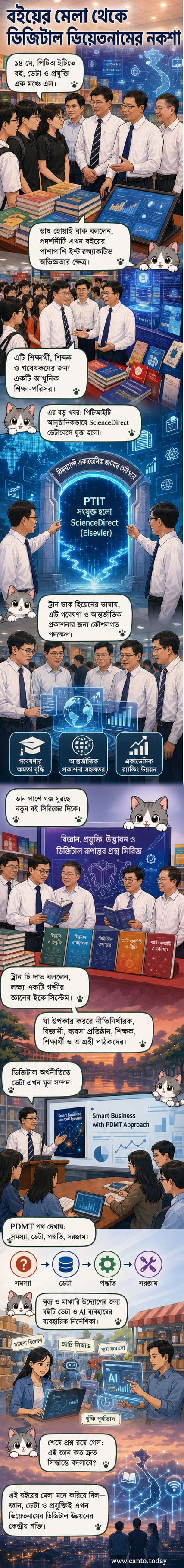 ভিয়েতনামের বিজ্ঞান ও প্রযুক্তি বই প্রদর্শনীতে বই ও ডিজিটাল প্রযুক্তির সমন্বয় দেখানো হচ্ছে, পটভূমিতে প্রযুক্তি ও ডেটা প্রদর্শনী।