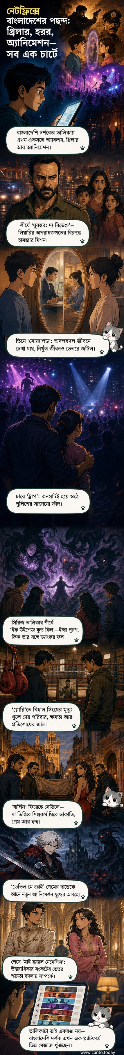নেটফ্লিক্সে বাংলাদেশি দর্শকদের পছন্দের শীর্ষ কনটেন্টগুলোর কালেকশন: 'ধুরন্ধর', 'ইফ উইশেজ কুড কিল', 'ট্রাপ', 'বার্লিন', 'ডেভিল মে ক্রাই' এবং 'মাই রয়্যাল নেমেসিস'-এর পোস্টার ও দৃশ্য।
