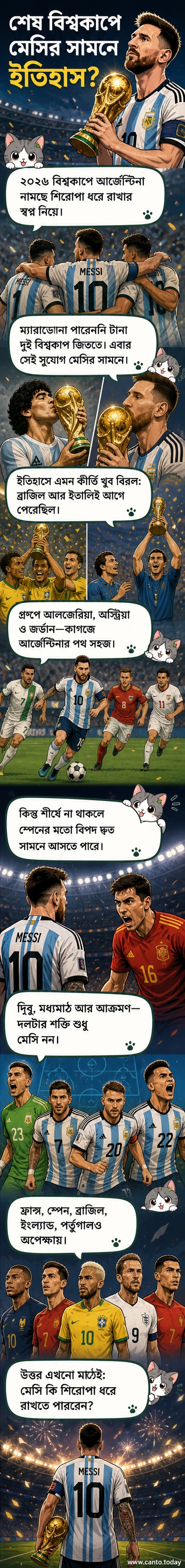 লিওনেল মেসি আর্জেন্টিনার জার্সি পরা অবস্থায় বিশ্বকাপ ট্রফি উঁচু করে ধরে আছেন, পেছনে উদ্যাপনরত দলের সদস্যরা।