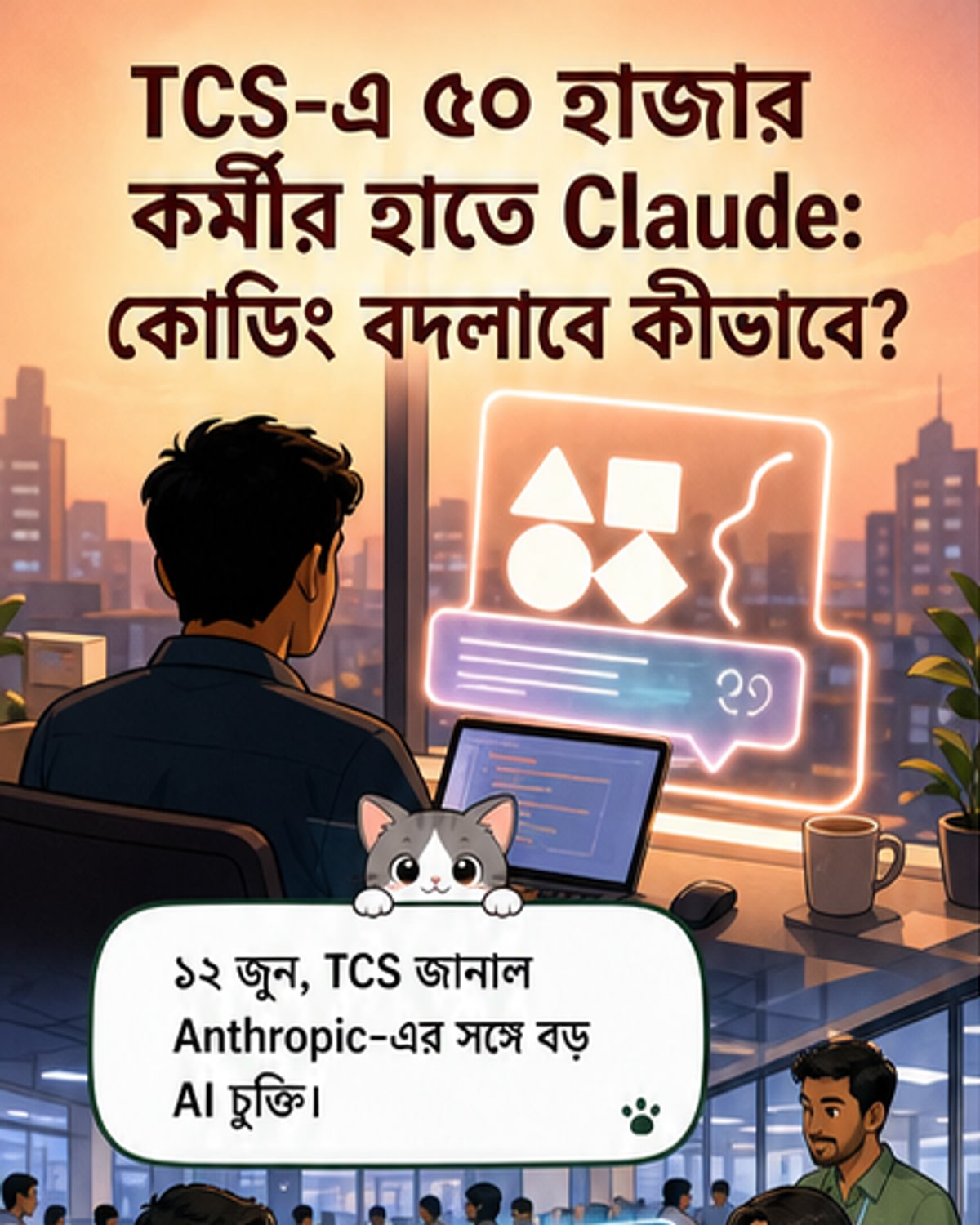 TCS লোগো এবং Claude AI-এর প্রতীকী ছবি, পটভূমিতে কোডিং ইন্টারফেস ও নেটওয়ার্ক কানেকশন