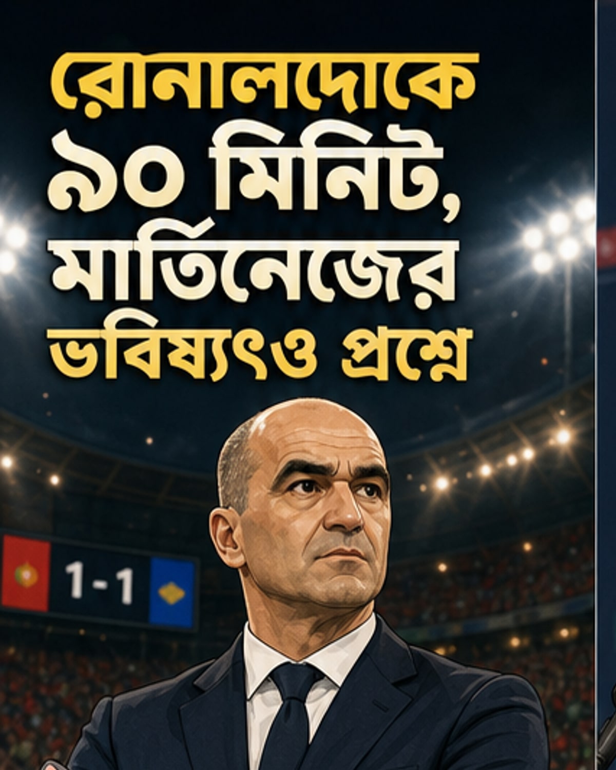 পর্তুগাল জাতীয় দলের কোচ রবার্তো মার্তিনেজ মাঠে দাঁড়িয়ে আছেন, পেছনে রয়েছে রোনালদোর ছবি এবং বিশ্বকাপের লোগো।
