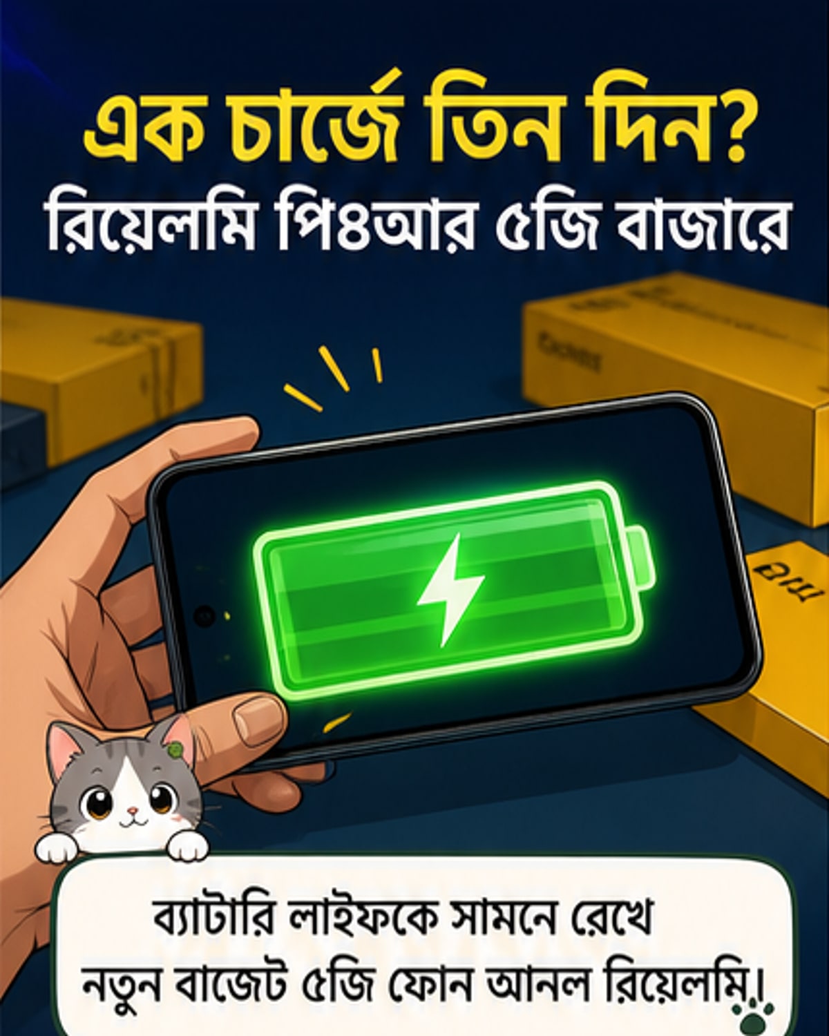 রিয়েলমি পি৪আর ৫জি স্মার্টফোনটি হাতে ধরে রাখা একজন ব্যক্তি, পেছনে চার্জার ও ব্যাটারির চিত্র।