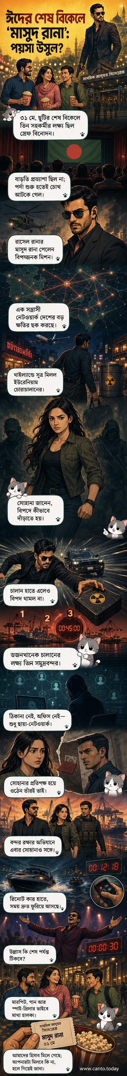 ‘মাসুদ রানা’ সিনেমার পোস্টার, যেখানে রাসেল রানা ও পূজা চেরী অভিনয় করছেন। পটভূমিতে থাইল্যান্ড ও সমুদ্রবন্দরের দৃশ্য।