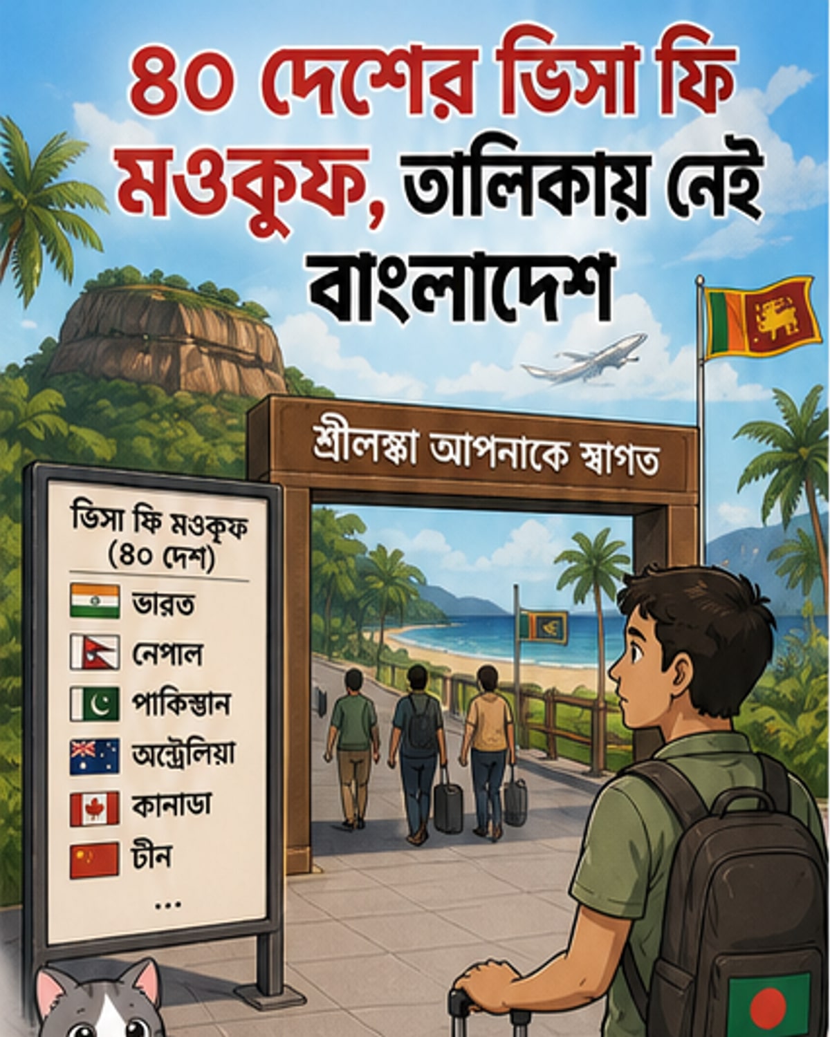 একটি ম্যাপে শ্রীলঙ্কার চারপাশে সবুজ চিহ্নিত দেশগুলো ভিসা ফি মওকুফ পেয়েছে, কিন্তু বাংলাদেশ লাল চিহ্নিত।