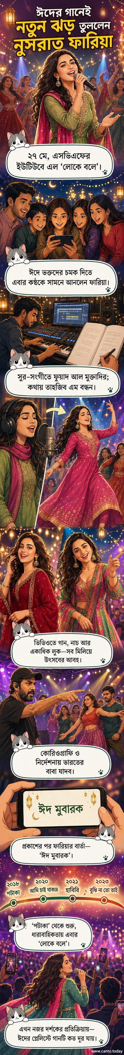 নুসরাত ফারিয়া লাল পোশাকে নাচছেন, পেছনে রঙিন আলোর আবেষ্টনী, উৎসবের পরিবেশ।