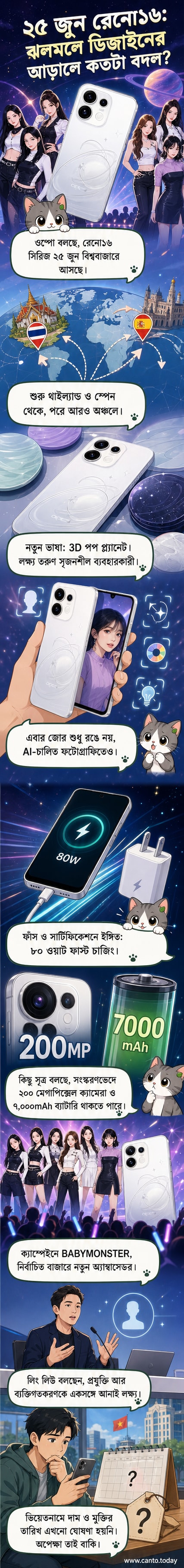 অপো রেনো১৬ সিরিজের রেন্ডার দেখানো হচ্ছে, যেখানে ৩ডি পপ প্ল্যানেট ডিজাইন এবং মহাকাশ থিম স্পষ্ট।