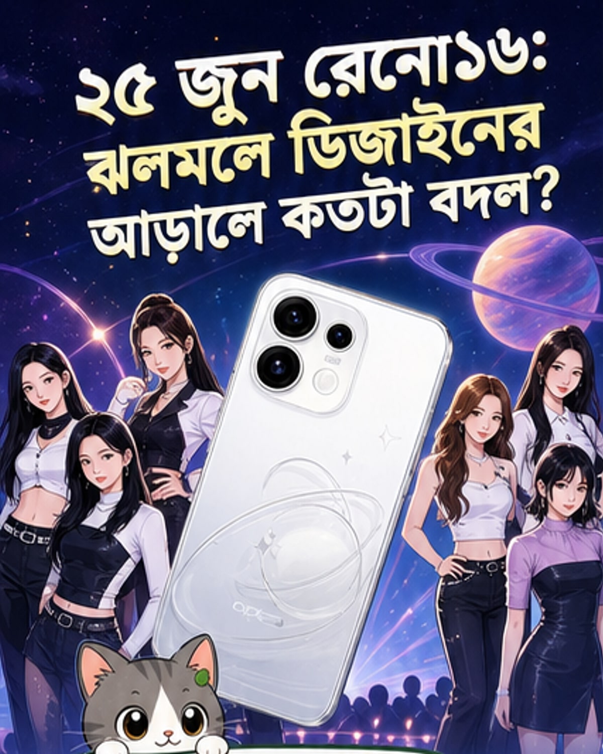 অপো রেনো১৬ সিরিজের রেন্ডার দেখানো হচ্ছে, যেখানে ৩ডি পপ প্ল্যানেট ডিজাইন এবং মহাকাশ থিম স্পষ্ট।