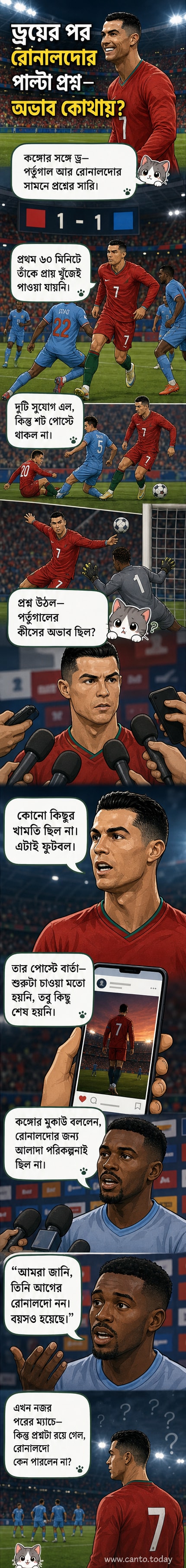 ক্রিস্টিয়ানো রোনালদো মাঠে দাঁড়িয়ে আছেন, পেছনে কঙ্গোর ডিফেন্ডার এনগালায়েল মুকাউ তাঁকে ঘিরে রাখছেন।