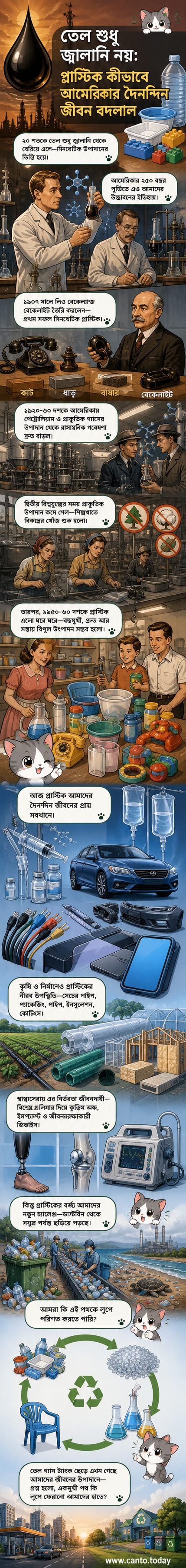 একটি পেট্রোল পাম্প থেকে শুরু হয়ে প্লাস্টিকের বোতল, চিকিৎসা সরঞ্জাম, গাড়ি ও স্মার্টফোনে রূপান্তরের একটি ভিজ্যুয়াল সময়রেখা।