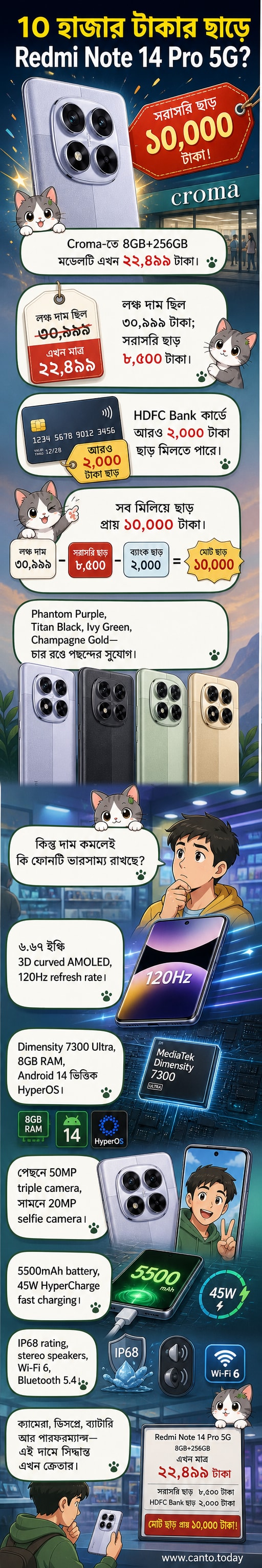 Redmi Note 14 Pro 5G স্মার্টফোনের ছবি, কালো রঙের মডেল, পেছনে ট্রিপল ক্যামেরা সেটআপ এবং সামনে বেজেল কম থাকা ডিসপ্লে।