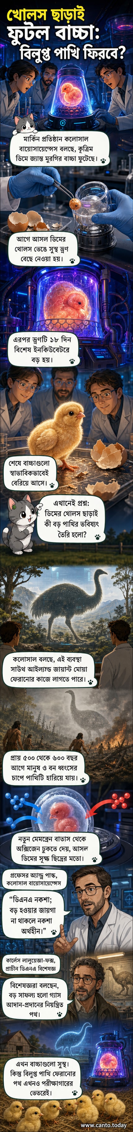 একটি কৃত্রিম ডিমের ভেতর মুরগির বাচ্চা বড় হচ্ছে, পটভূমিতে বিজ্ঞানীরা পর্যবেক্ষণ করছেন।