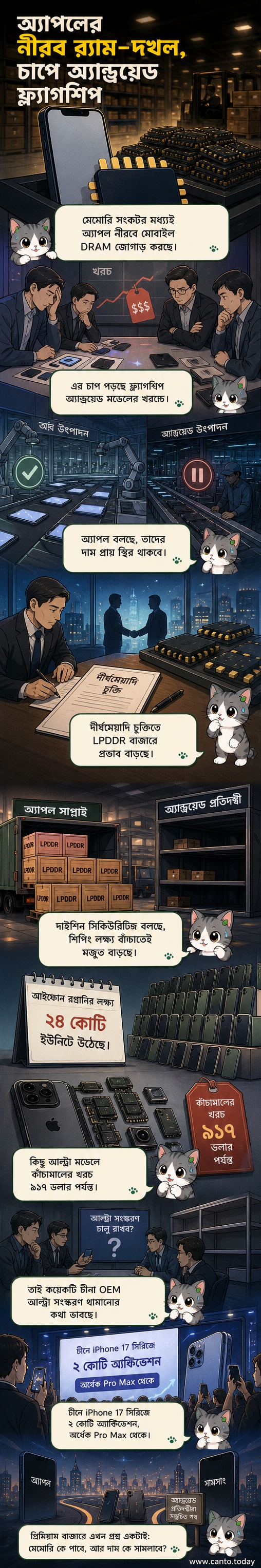 একটি আইফোন ও একটি অ্যান্ড্রয়েড ফ্ল্যাগশিপ ফোন র্যাম চিপের চারপাশে ঘিরে থাকা দৃশ্য, যেখানে অ্যাপল র্যাম মজুত করছে এবং অ্যান্ড্রয়েড ফোনগুলো দামে চাপের মুখোমুখি।