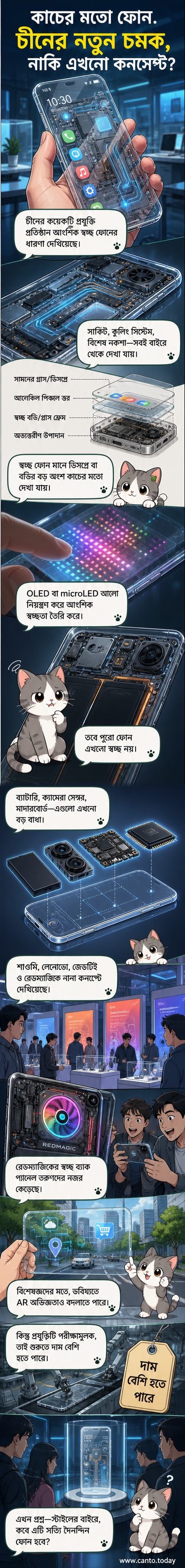 একটি কাচের মতো স্বচ্ছ স্মার্টফোন, যেখানে ভেতরের সার্কিট ও কুলিং সিস্টেম বাইরে থেকেই দেখা যাচ্ছে।