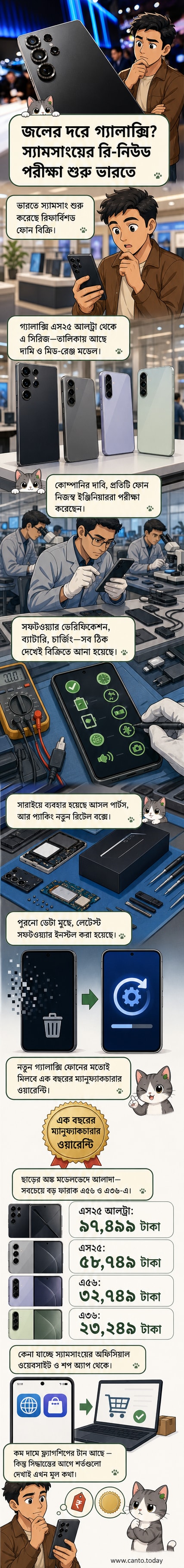 স্যামসাং গ্যালাক্সি এস২৫ আলট্রা এবং এস২৫-এর ছবি দেখানো হচ্ছে, নীচে 'রি-নিউড' লেবেল সহ, পাশে দামের তুলনা দেখানো হচ্ছে।