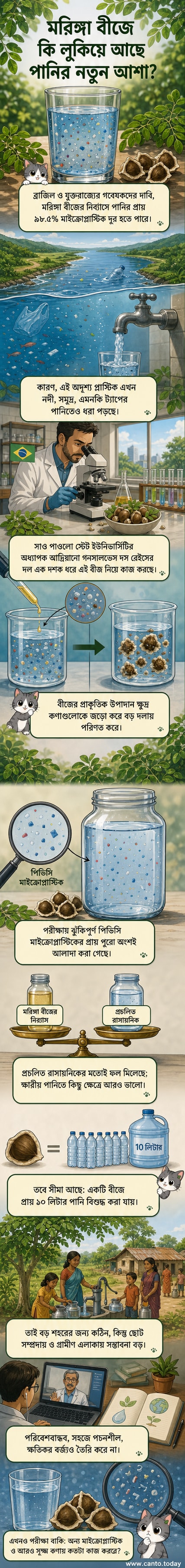 মরিঙ্গা গাছের বীজ দিয়ে পানির মাইক্রোপ্লাস্টিক দূষণ দূর করার প্রক্রিয়া দেখানো হচ্ছে, যেখানে কণাগুলো একত্রিত হয়ে বড় হচ্ছে।