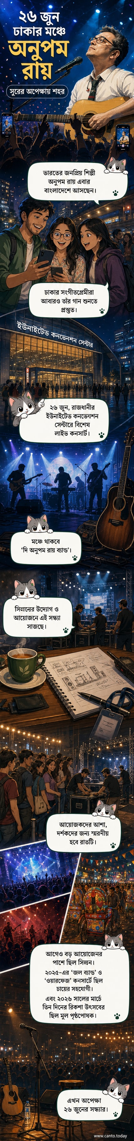 অনুপম রায় মঞ্চে গান গাইছেন, পেছনে ঢাকার শহরের আলোকিত দৃশ্য