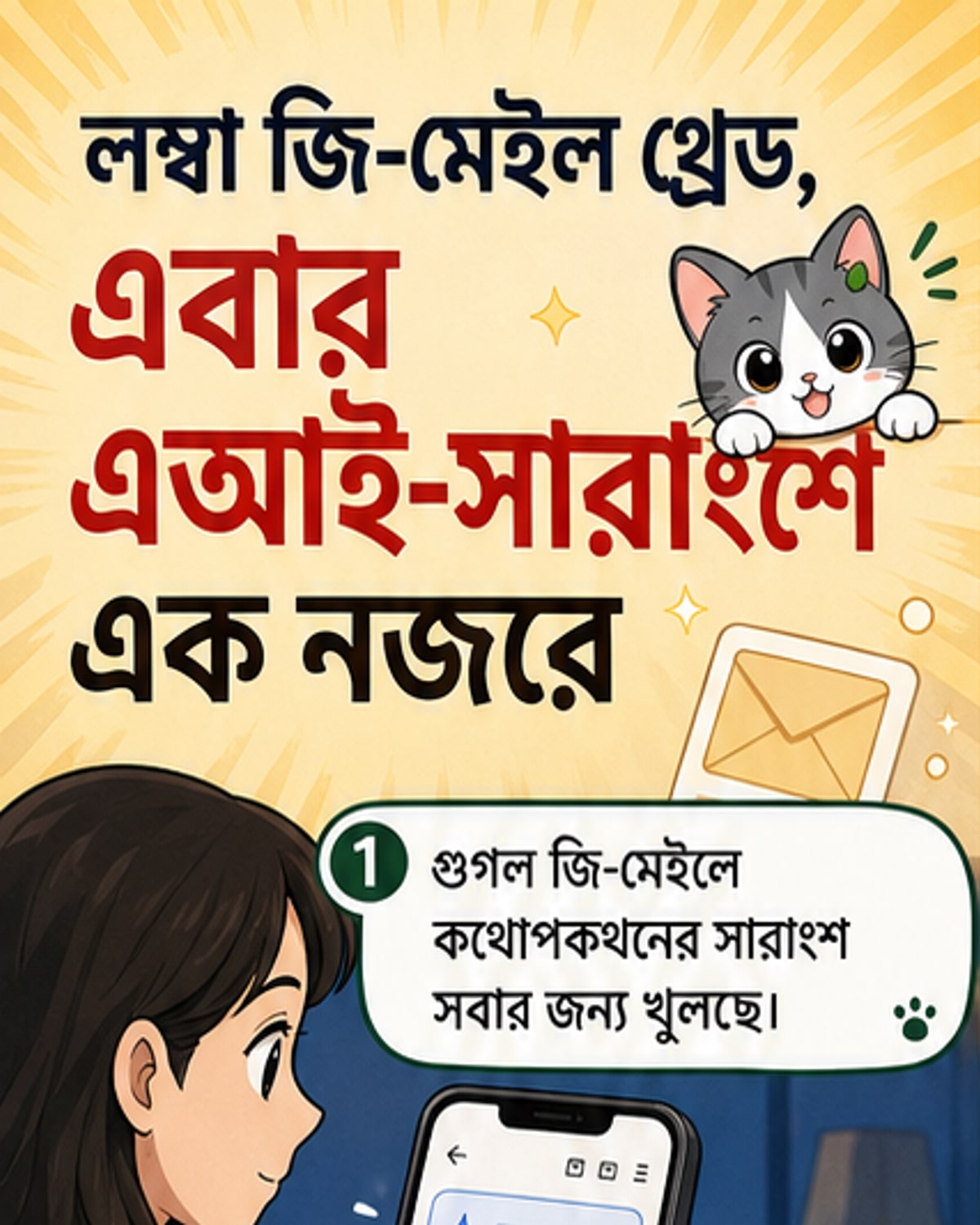 জিমেইল ইন্টারফেসে এআই সামারি ফিচার সহ একটি মোবাইল স্ক্রিনের চিত্র, যেখানে একটি ইমেইল থ্রেডের নিচে সংক্ষিপ্ত সারাংশ দেখা যাচ্ছে।