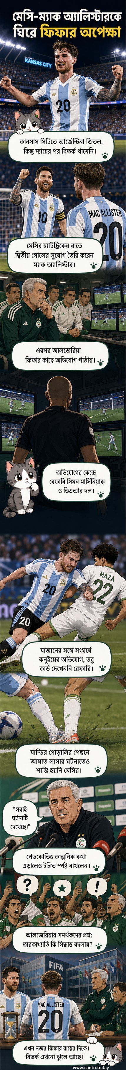ফুটবল ম্যাচে মেসি ও ম্যাক অ্যালিস্টার মাঠে, পেছনে রেফারি মার্সিনিয়াক দাঁড়িয়ে আছেন, আলজেরিয়ান খেলোয়াড়দের মুখে বিতর্কের ভাব।