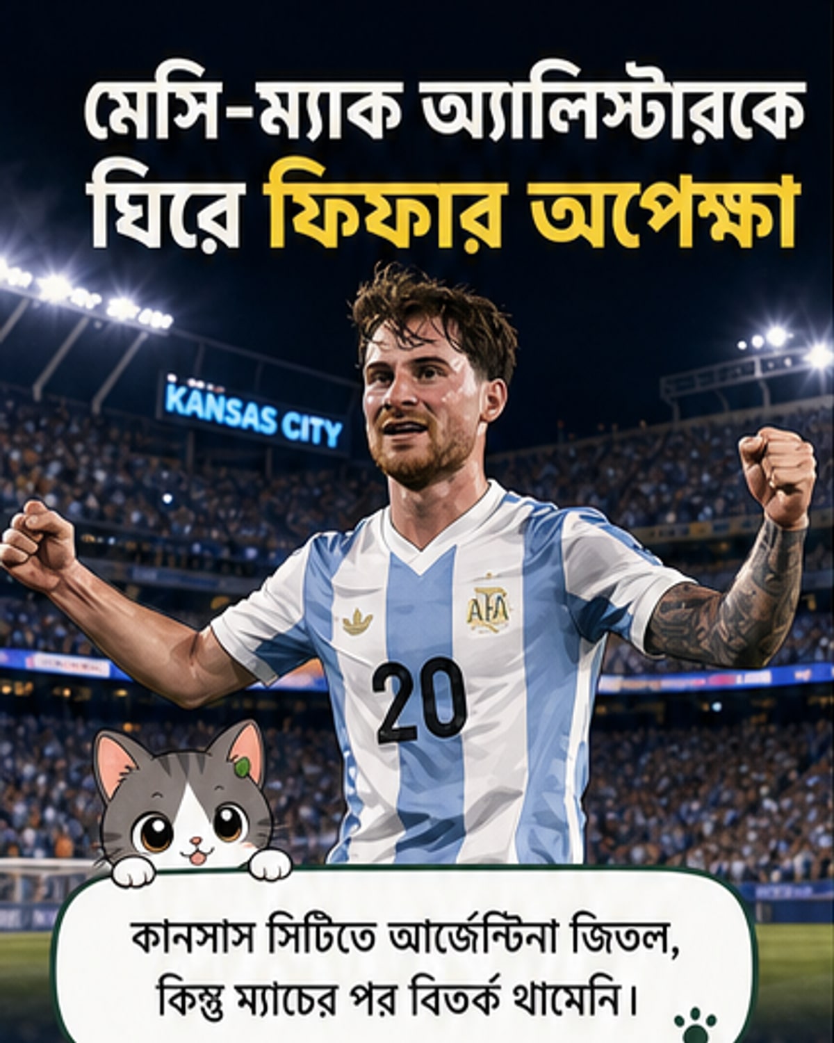 ফুটবল ম্যাচে মেসি ও ম্যাক অ্যালিস্টার মাঠে, পেছনে রেফারি মার্সিনিয়াক দাঁড়িয়ে আছেন, আলজেরিয়ান খেলোয়াড়দের মুখে বিতর্কের ভাব।