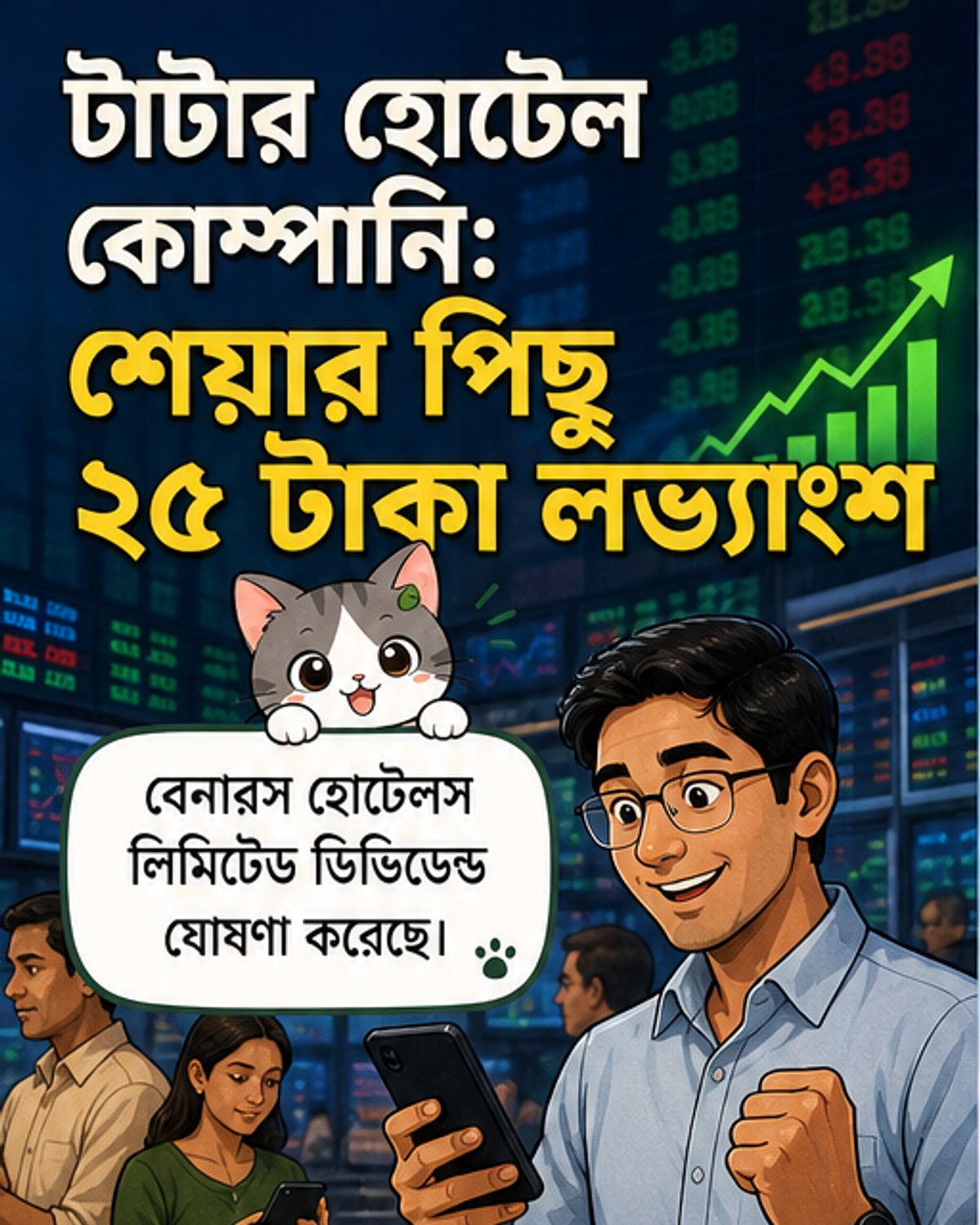 টাটা গ্রুপের লোগো এবং বেনারস হোটেলস লিমিটেডের শেয়ার চার্টে ২৫ টাকা ডিভিডেন্ড ঘোষণার সংকেত দেখানো হয়েছে।