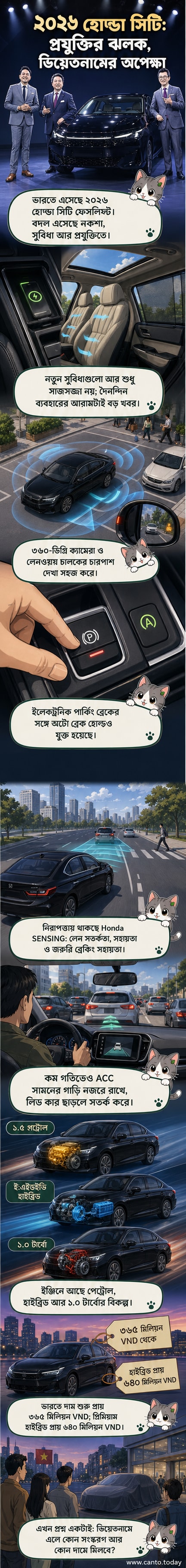 ২০২৬ হোন্ডা সিটি ফেসলিফট মডেলের বাইরের ও ভেতরের দৃশ্য, যাতে আধুনিক ডিজাইন এবং নতুন প্রযুক্তি দেখা যাচ্ছে।
