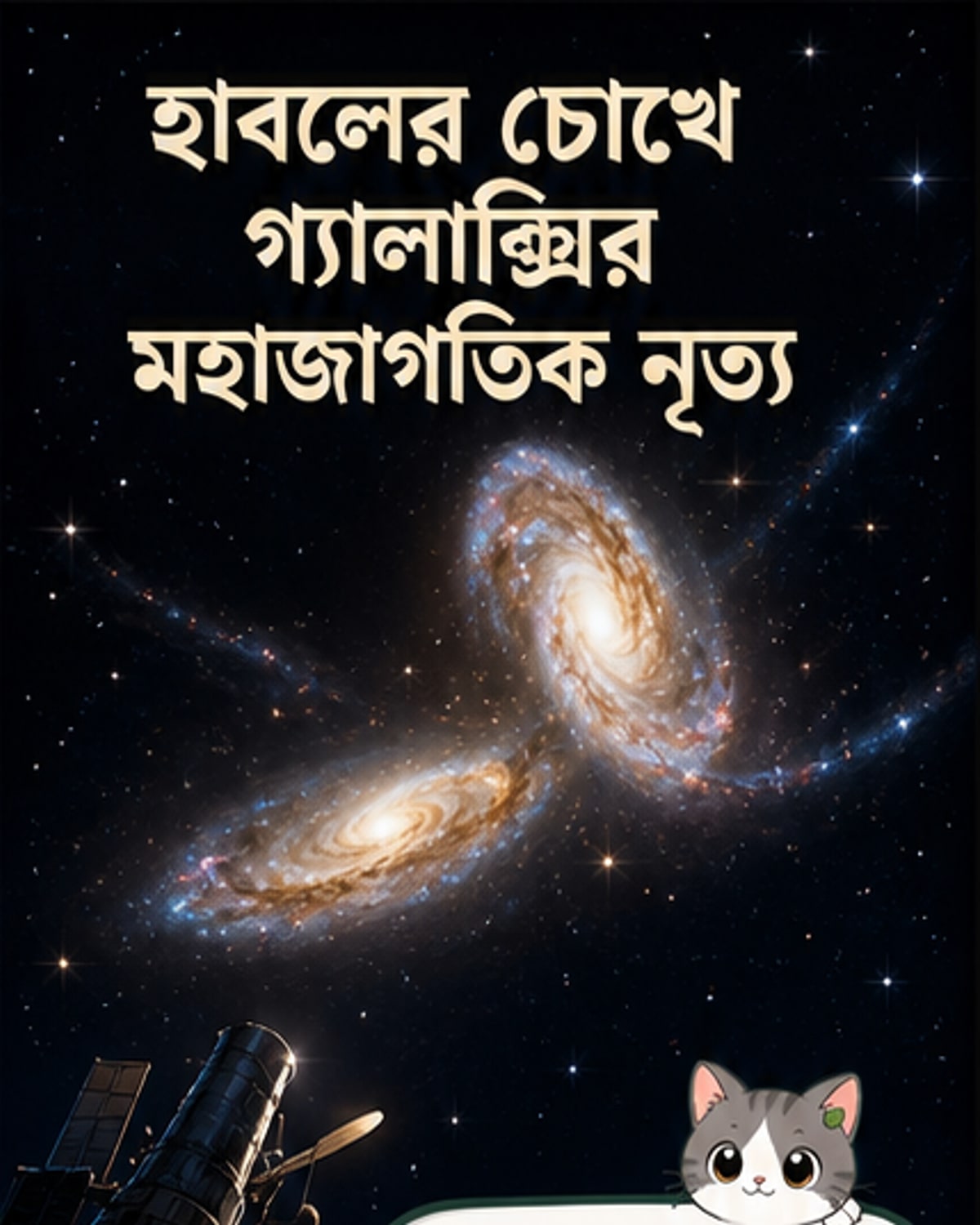 হাবল টেলিস্কোপের ক্যামেরায় ধরা পড়া দুটি গ্যালাক্সির মিলনের দৃশ্য, যেখানে নীল লেজের মতো উপাদান একে অপরের দিকে টানানো হচ্ছে।
