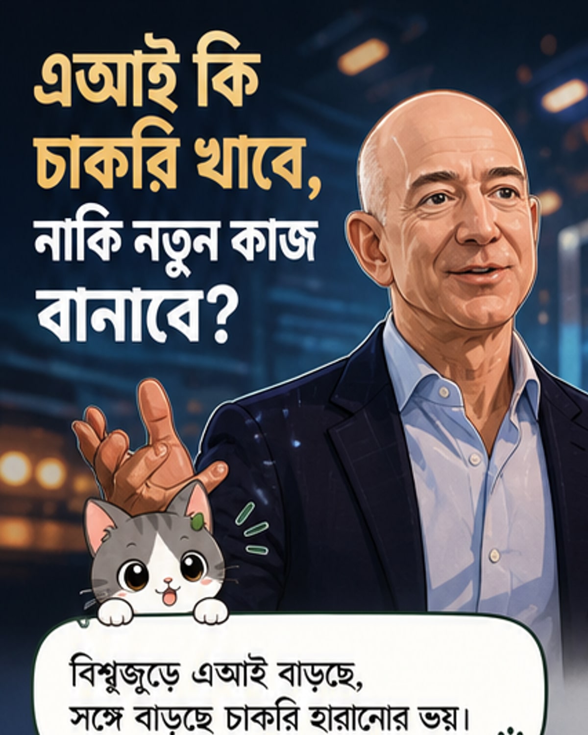 জেফ বেজোস এআই প্রযুক্তি নিয়ে কাজ করছেন, পেছনে প্রমিথিউস লোগো সহ একটি ভবিষ্যতবাণীমূলক দৃশ্য।