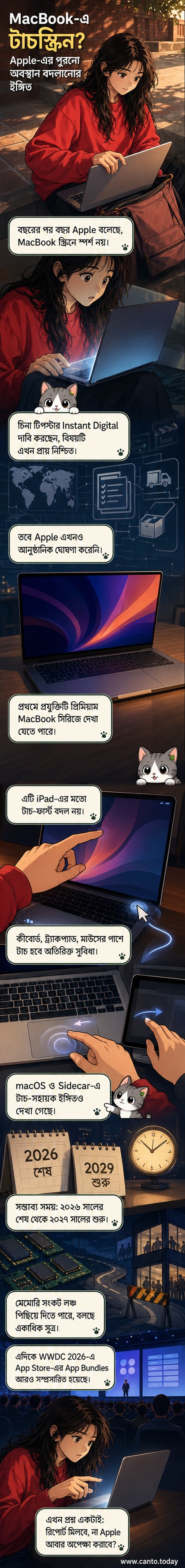 ম্যাকবুকের উপর হাত বাড়িয়ে টাচ করার ছবি, পেছনে অ্যাপলের লোগো।