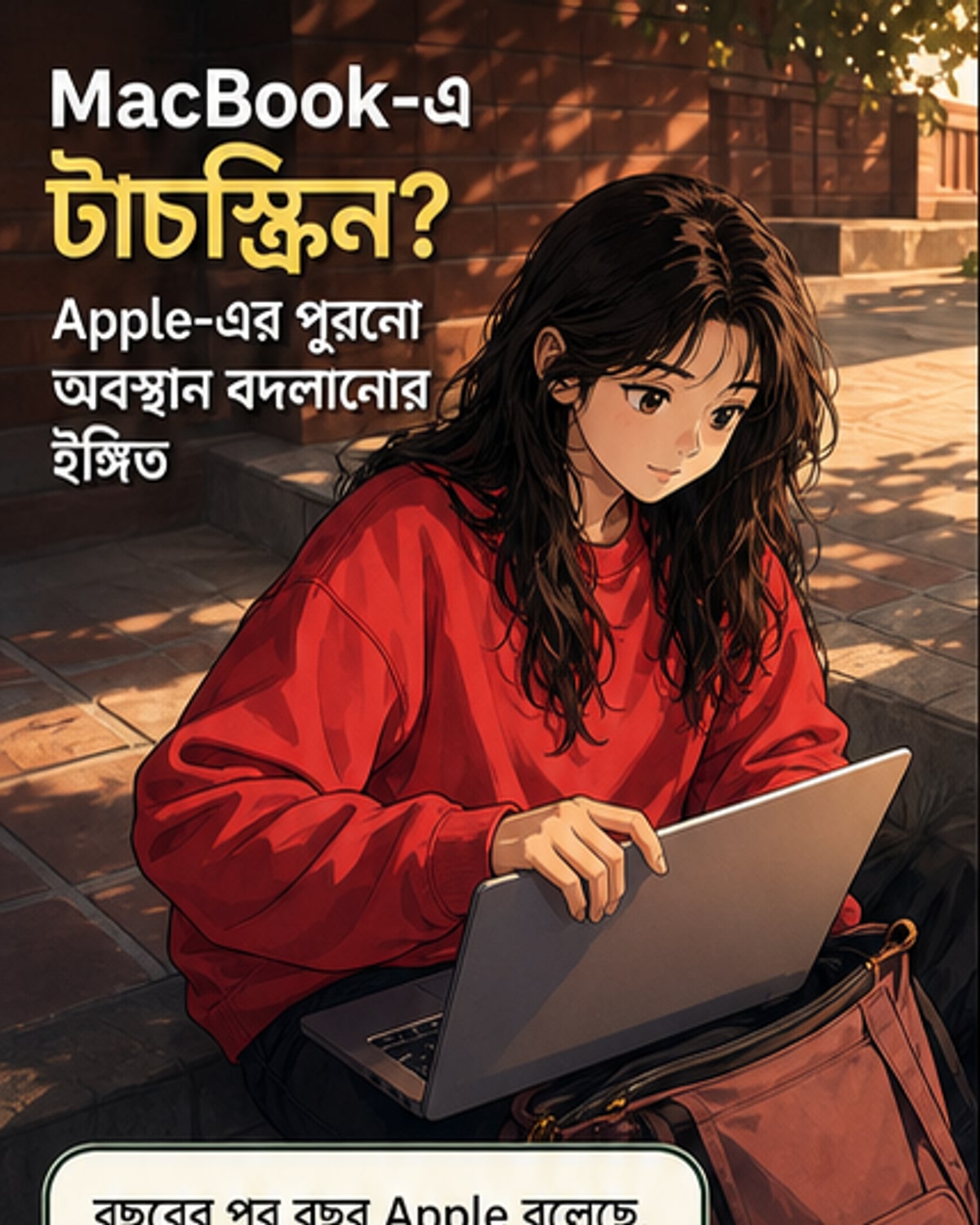 ম্যাকবুকের উপর হাত বাড়িয়ে টাচ করার ছবি, পেছনে অ্যাপলের লোগো।
