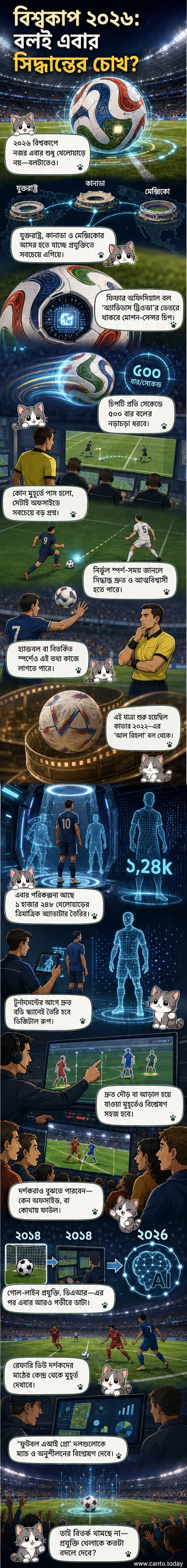 ফুটবল মাঠে একটি উজ্জ্বল নীল-সাদা ফুটবল, যার ভেতরে সূক্ষ্ম সেন্সর চিপ দেখা যাচ্ছে, পাশে এআই আইকন ও ডিজিটাল খেলোয়াড়ের ত্রিমাত্রিক মডেল।