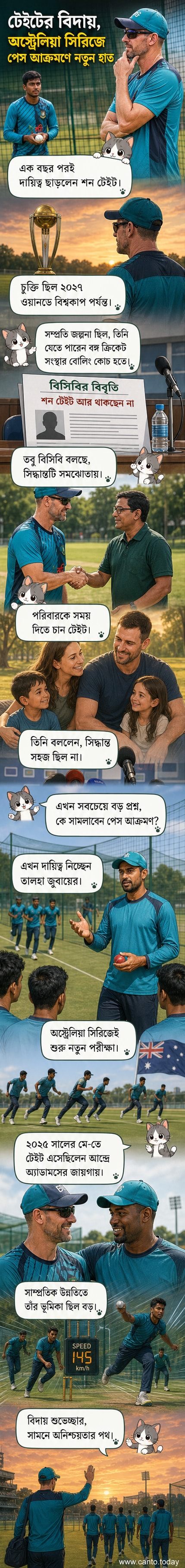 বাংলাদেশ ক্রিকেট দলের পেস বোলিং কোচ পদত্যাগের পর নতুন নেতৃত্ব নিয়ে একটি কাল্পনিক ওয়েবটুন কভার, যেখানে শন টেইট ও তালহা জুবায়েরের চরিত্র দেখা যাচ্ছে।