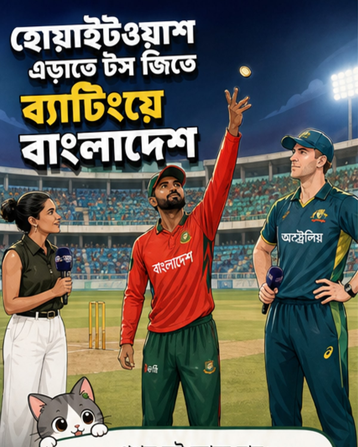 বাংলাদেশ ক্রিকেট দলের অধিনায়ক তাওহীদ হৃদয় মাঠে টসের জন্য হাত তুলেছেন, পাশে অস্ট্রেলিয়ার অধিনায়ক মিচেল মার্শ।