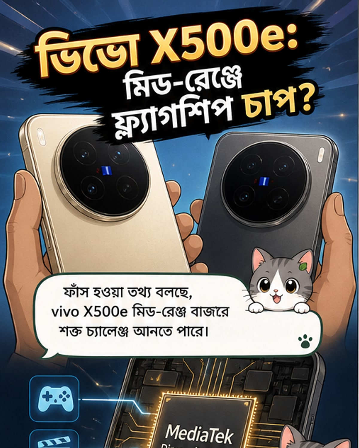 ভিভো এক্স৫০০ই স্মার্টফোনের রেন্ডার, যেখানে পেছনে ডুয়াল ক্যামেরা মডিউল এবং সামনে বেজেল-মুক্ত ডিসপ্লে দেখা যাচ্ছে।