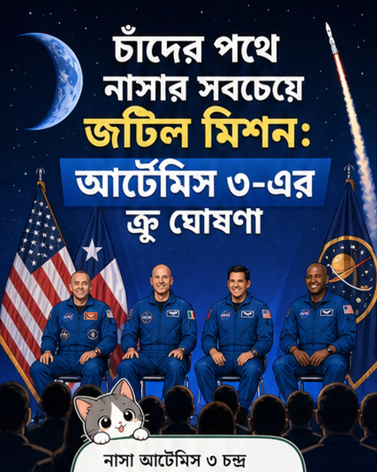 চাঁদে ফের মানুষ, আর্টেমিস-৩ মিশনের নভোচারীদের নাম ঘোষণা