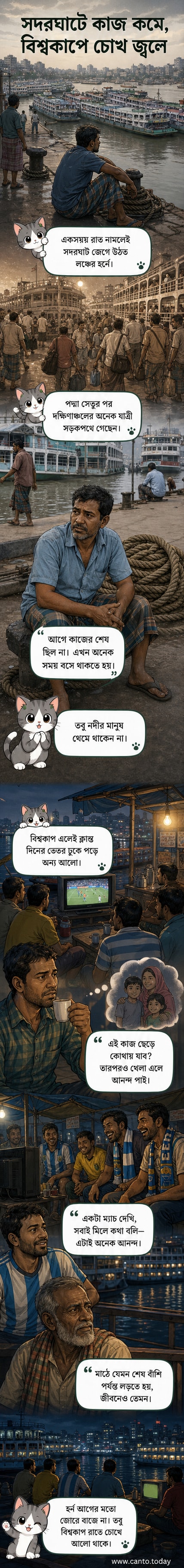 সদরঘাটের লঞ্চ ঘাটে বসে টেলিভিশনে ফুটবল ম্যাচ দেখছেন কয়েকজন শ্রমিক, পটভূমিতে নদী ও লঞ্চ।